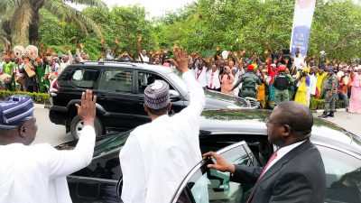 PHOTOS: Arrival of President Buhari at the Eko Hotels where he is attending the 10th Bola Tinubu’s Colloquium  %Post Title
