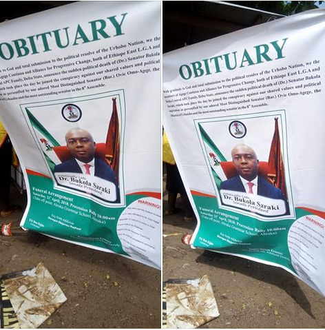 Senator Omo-Agege’s Constituency Holds ‘Burial’ For Saraki. See Obituary Banner (Photos)  %Post Title