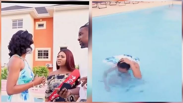 Watch The Moment Regina Daniels Angrily Pushes Her Staff Into A Swimming Over An Argument  %Post Title