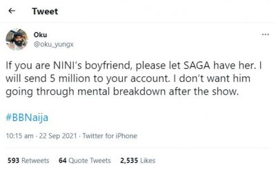 BBNAIJA: Bussinessman Offers N5million To Nini’s Boyfriend To Allow Her Be With Saga  %Post Title