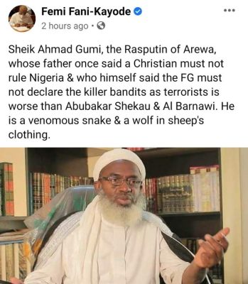 Sheik Gumi Is a venomous snake, Worse Than Shekau & Al Barnawi - Femi Fani-Kayode  - Photo/Image